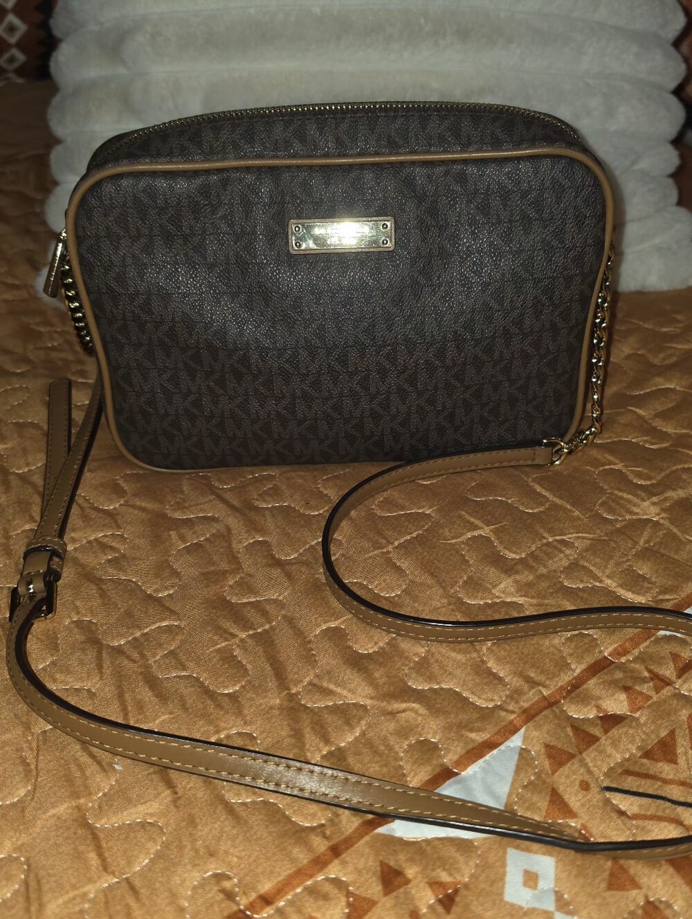 Michael Kors Dark Brown Monogram Crossbody with Tan Trim